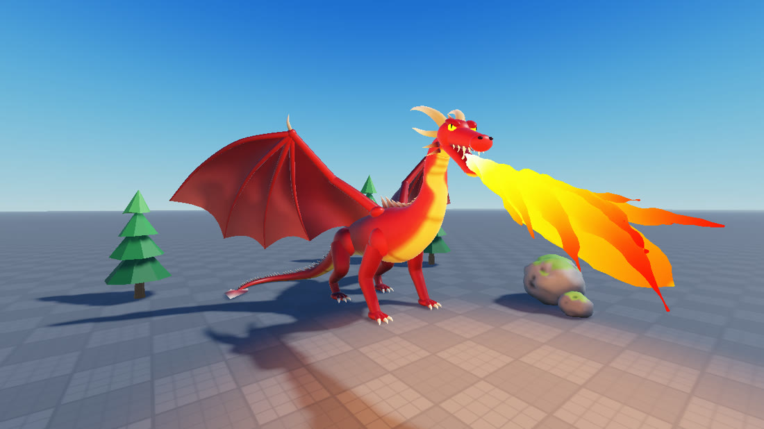 Studio capture: a red dragon with spread wings breathes fire onto mossy boulders beside low-poly pine trees, all shaped in Studio.