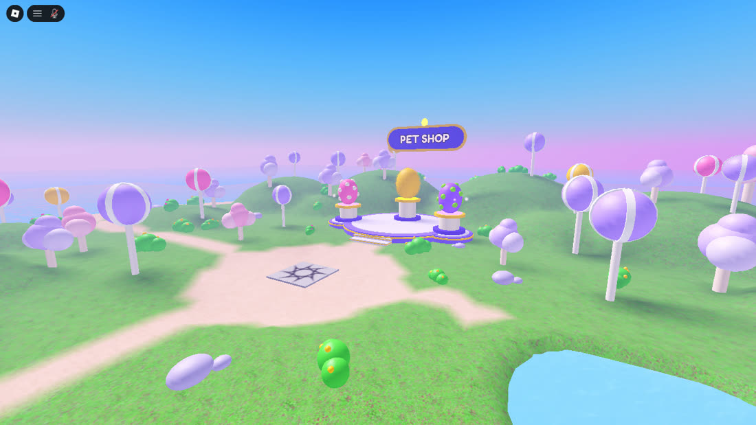 Studio capture: a pastel island lobby with three eggs on pedestals under a PET SHOP sign, lollipop trees, a sand path and a pond.