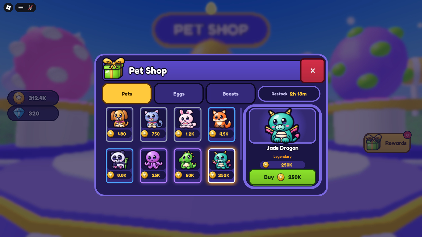 The Candy Night pet shop in Roblox Studio: eight pet cards with rarity frames and a Buy button.